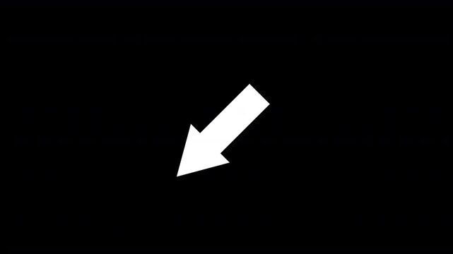 directional white arrow pointing in a diagonal direction indicator icon symbol animated on an invisible transparent alpha channel background and held for nearly a minute on screen 4K animation