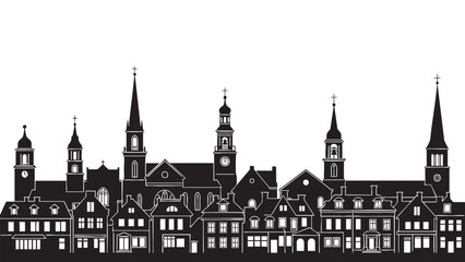 Fototapeta premium Silhouette of a Historic Cityscape Featuring Church Spires and Buildings