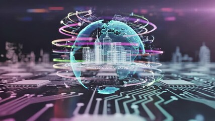Digital globe hologram with cityscape buildings and network connections over circuit board background. Technology concept of global communication, internet connectivity, international data exchange - Powered by Adobe