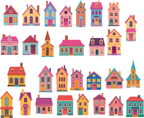 Fototapeta premium Cartoon-style colorful house collection — diverse residential building designs for architecture, urban planning, real estate, and educational or creative illustration themes.