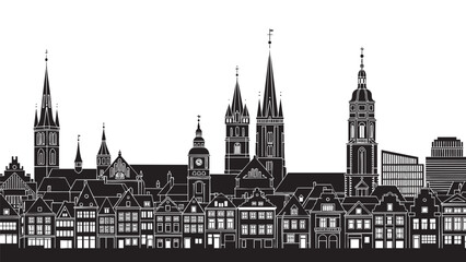 Fototapeta premium Stylized black and white city skyline illustration depicting historic and modern buildings