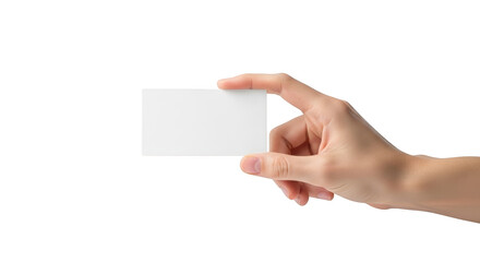 Obraz premium Woman hand holding blank business card showing presentation isolated on transparent background