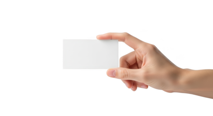 Woman hand holding blank business card showing presentation isolated on transparent background