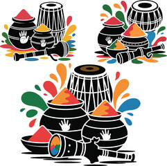 A Set of vibrant still life featuring traditional indian musical instruments and holi color powders