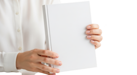 Woman holding blank white book for mockup templates or text isolated on transparent background