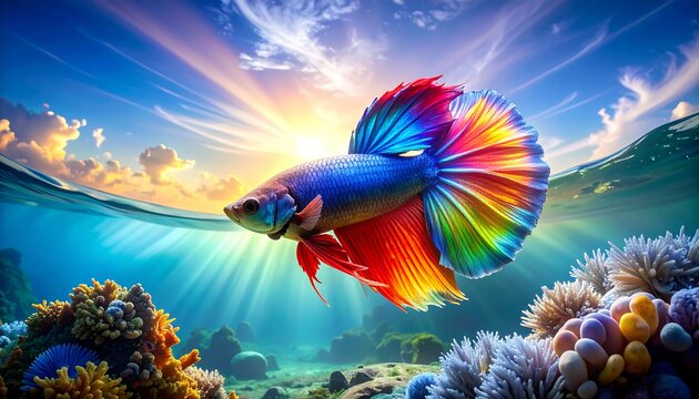 Rainbow Betta Fish in Ocean - A Vibrant Underwater Scene.