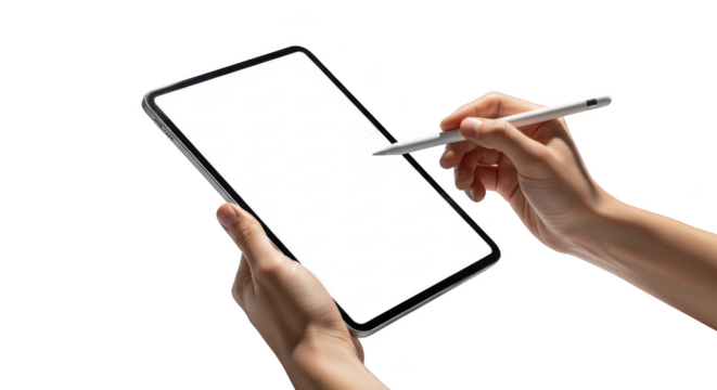 Woman hands using digital tablet with pencil for design isolated on transparent background - Powered by Adobe