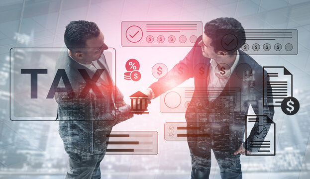 Two businessmen engage in a handshake amid digitally enhanced tax documents and financial graphics in a modern office, symbolizing successful partnership and agreement. Gantry - Powered by Adobe