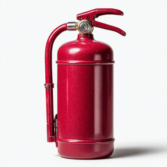 Obraz premium A gleaming, vibrant red fire extinguisher with its matching hose prominently displayed stands ready for emergency use, casting a soft shadow on a clean white background.