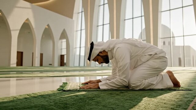 Muslim man praying inside a bright mosque on green carpet.