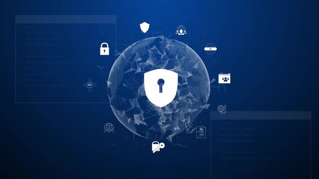 Cyber security interface with biometric and AI-powered protection system. Cyber security secures access, cybersecurity protects identity, cybersecurity detects threats, and defends data.