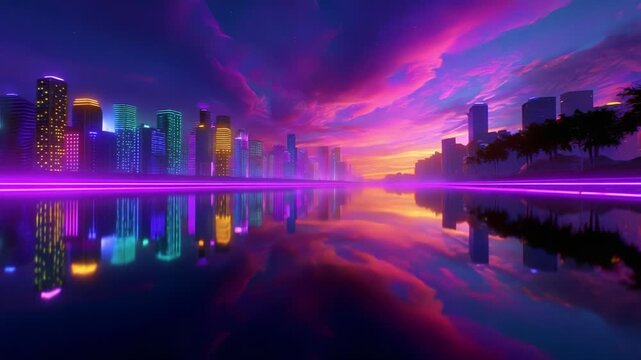 Stunning Cityscape at Dusk: A Vivid Blend of Neon Lights and Reflective Waters, Showcasing a Futuristic Skyline Against a Dramatic Colorful Sky, Perfect for Evoking a Sense of Urban Serenity and
