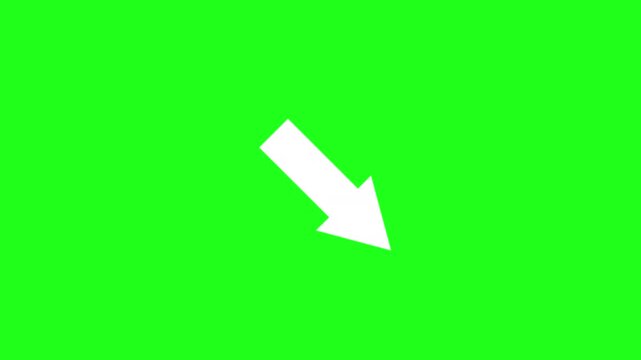 directional white arrow pointing in a diagonal direction indicator icon symbol animated on a green screen chroma key background and held for nearly a minute on screen 4K animation