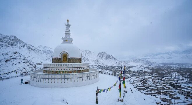 scenic shanti stupa leh ladakh covered in snow video.