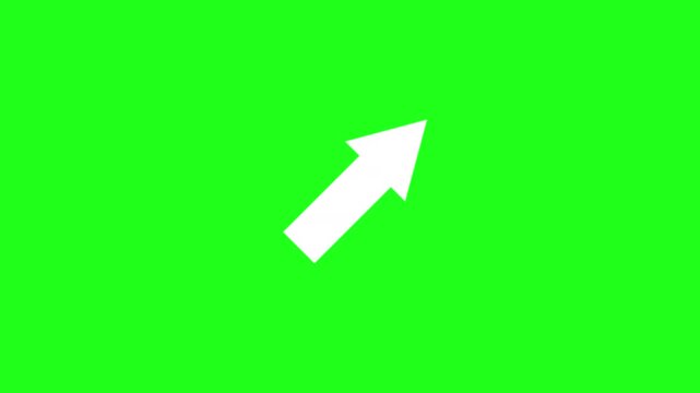 directional white arrow pointing in a diagonal direction indicator icon symbol animated on a green screen chroma key background and held for nearly a minute on screen 4K animation