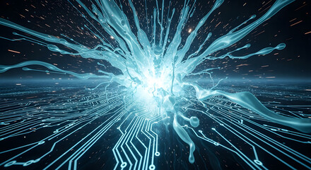 A glowing blue energy core with tendrils spreading over a dark circuit board, representing advanced technology and data processing.