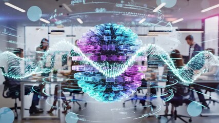 Digital sphere with dna helix structures and data visualization in modern office workspace. Advanced technology concept representing artificial intelligence, biotechnology research, genetic analysis, - Powered by Adobe