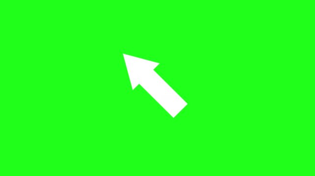 directional white arrow pointing in a diagonal direction indicator icon symbol animated on a green screen chroma key background and held for nearly a minute on screen 4K animation