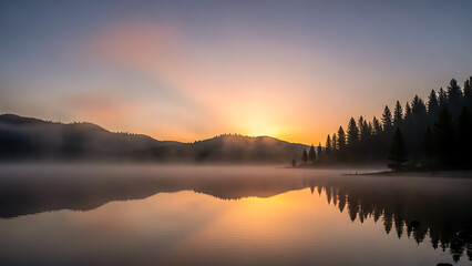 Obraz premium Beautiful misty lake sunrise with pine tree forest reflection