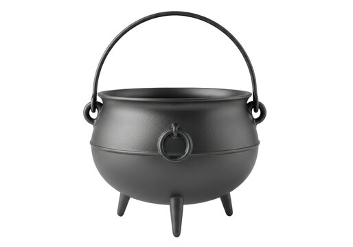 Dark grey cast-iron cauldron with rounded body, splayed legs, bail handle, and rough texture, empty, isolated on transparent background with ample negative space. Concept of magic and rustic tradition