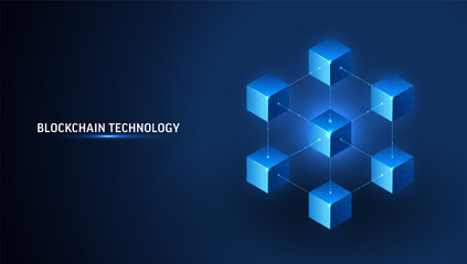 Fototapeta na wymiar Blockchain technology cube background. Digital network chain, data connection concept. Abstract blue 3D geometric blocks linked by lines for crypto finance, business innovation and fintech AI systems