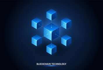 Naklejka na ściany i meble Blockchain technology cube background. Digital network chain, data connection concept. Abstract blue 3D geometric blocks linked by lines for crypto finance, business innovation and fintech AI systems
