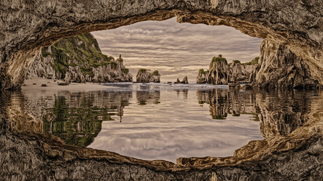 A magnificent natural stone archway perfectly framing a dramatic post-apocalyptic sky over violent ocean waters, w/ the sky colors reflecting on the water's surface