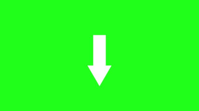 directional white arrow pointing in a down south downward direction indicator icon symbol animated on a green screen chroma key background and held for nearly a minute on screen 4K animation