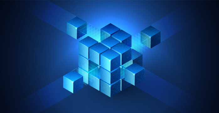 3D cube data background illustrating technology and blockchain network structure. Abstract geometric blocks for AI systems, business finance, cloud storage, cybersecurity and digital infrastructure