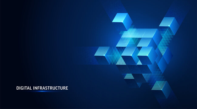 3D cube data background illustrating technology and blockchain network structure. Abstract geometric blocks for AI systems, business finance, cloud storage, cybersecurity and digital infrastructure