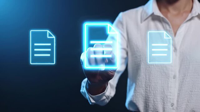 Professional interacting with virtual document management system displaying holographic file icons. Digital data storage and electronic workflow concept for modern business organization, cloud based