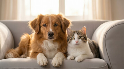 Pet friendship, domestic animals, home comfort together