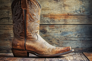 A single worn cowboy boot on a dusty wooden floor, subtle lighting, faded barn wall in the background copy space