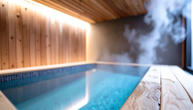 indoor warm water pool with vapor rising offering a peaceful and relaxing wellness atmosphere with natural cedar wood panels and soft hidden lighting - Powered by Adobe