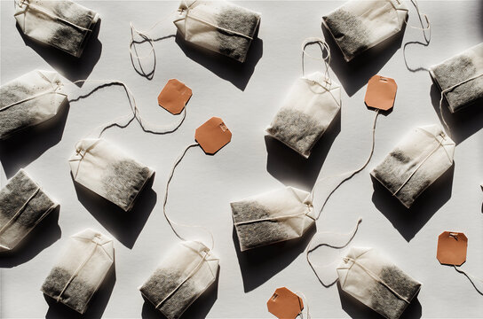 tea bags with strings and tags arranged in a repeating flat lay pattern on a light surface, strong shadows emphasizing texture and a calm cozy morning beverage vibe