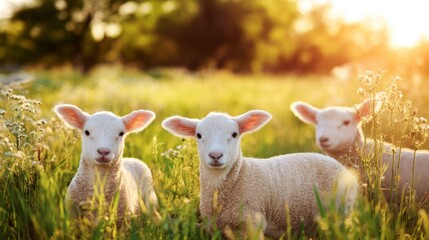 Obraz premium lambs. Young lambs exploring a sunlit meadow filled with spring wildflowers. wildlife magazines, conservation campaigns, designed for wildlife conservation campaigns, promotes animal welfare. 