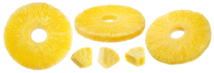 Fototapeta na wymiar Pineapple rings and pineapple pieces isolated on a white background.