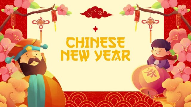 Animated Chinese New Year 2026 greeting flyer motion graphics featuring cute chinese cartoon characters, hanging lanterns, traditional Chinese ornaments, and blooming cherry blossoms