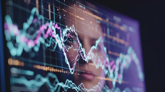 Financial market charts with candlestick patterns and trend lines on digital screen. Exchange data visualization displaying trading analytics, investment statistics, and price fluctuations