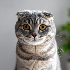 Focused Scottish Fold Cat with Striking Amber Eyes.