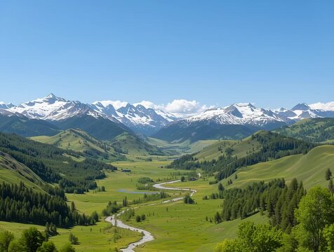 River flowing through green valley in the altai mountains