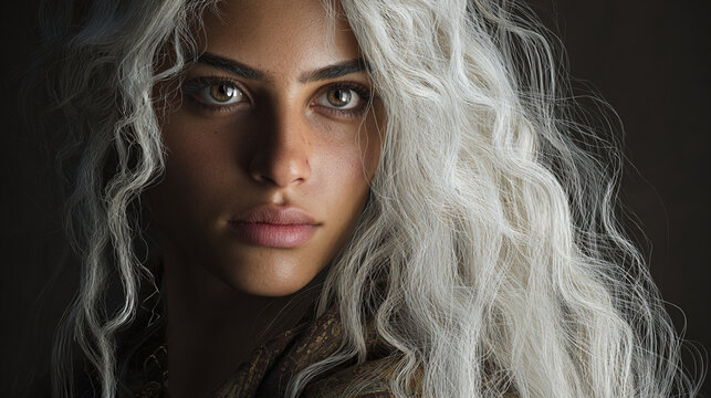 Beautiful North African & Arab woman w/ white hip length wavy hair, dark brown eyes, white wavy super long hair