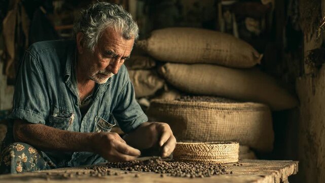Elderly man sorts coffee beans. Senior male inspects harvest. Rustic roastery workspace. Mature worker focused. Natural light indoors.