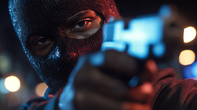 A young black man wearing a ski mask, holding a gun to the camera, tilting it to the side looking angry