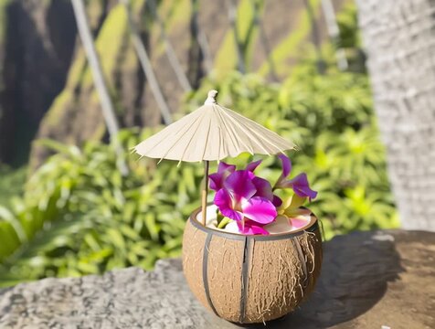 Tropical cocktail enjoying na pali coast view in kauai, hawaii