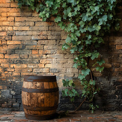 Weathered barrel beside a cracked brick wall, surrounded by creeping vines, with a blank, rustic backdrop for copy space