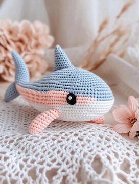 Adorable crocheted shark toy resting on a delicate lace doily