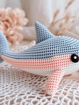 Adorable crocheted shark toy resting on a delicate lace doily