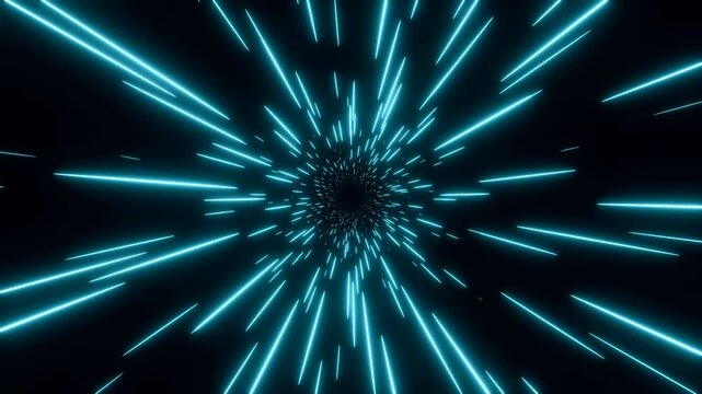 Abstract star field, hyperspeed tunnel in blue, light beam, loop animation. Glowing light trails, futuristic, lines, illuminated, design, time travel, science fiction, flying through space.