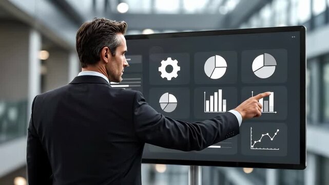 Business professional analyzing data dashboard with charts, graphs, and pie diagrams on touchscreen display. Corporate analytics presentation featuring kpi metrics, statistics visualization